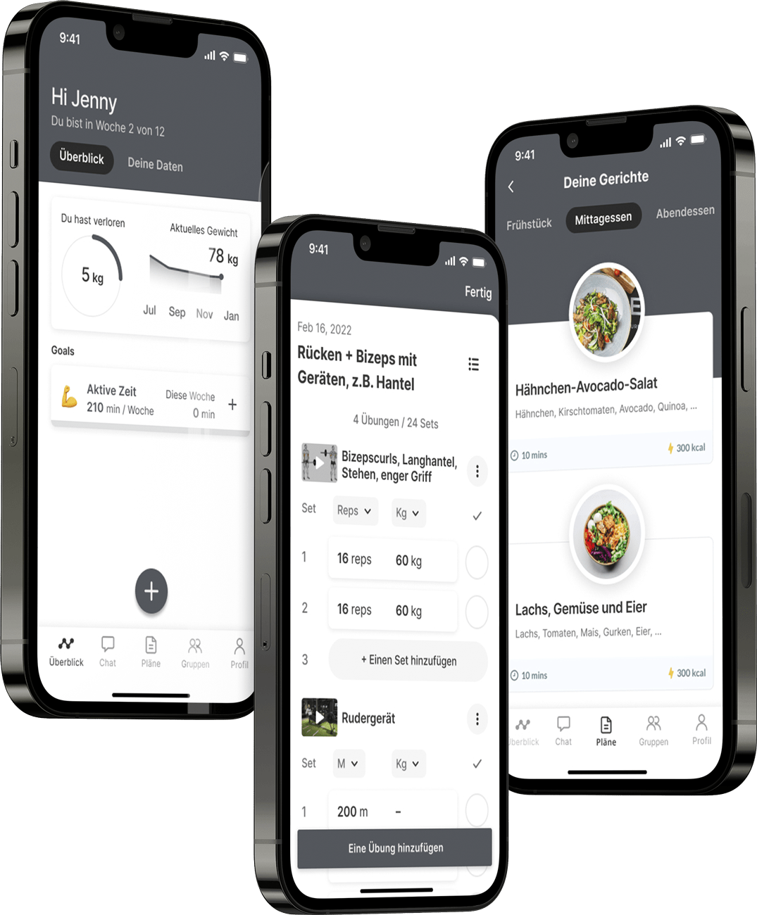 Ein Mockup der Coaching-App, das die Funktionen zeigt.